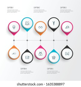Style icons line style set with fabric roll, short cardigan, long sleeve body and other shirt size elements. Isolated vector illustration style icons.