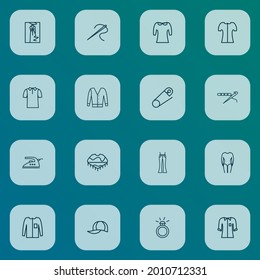 Iconos de estilo línea con el estilo fijado con hierro, boceto de moda, vaqueros floridos y otros elementos de compromiso. Iconos aislados de estilo de ilustración vectorial.
