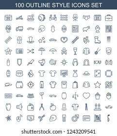style icons. Set of 100 outline style icons included music note, abacus, calendar, male, woman pants, helmet on white background. Editable style icons for web, mobile and infographics.