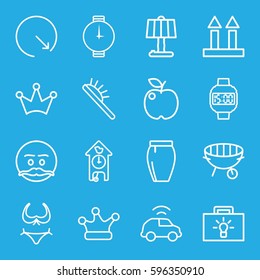 style icons set. Set of 16 style outline icons such as hair brush, bikini, Crown, skirt, cargo arrow up, bbq, crown, car, wall clock, wrist watch, wrist dial watch