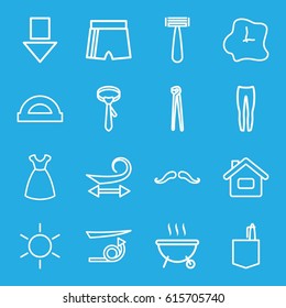 Style icons set. set of 16 style outline icons such as sun, mustache, razor, curly hair, straight hair, dress, underpants, tie, office room, pliers, barbeque, wall clock, home