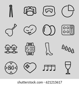 Style icons set. set of 16 style outline icons such as egg, pine tree, man hairstyle, woman boot, eyeshadow palette, pliers, heart with cross, heart, heart key, music note