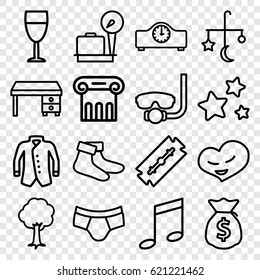 Style icons set. set of 16 style outline icons such as lugagge weight, Greek column, bed mobile, razor, socks, man underwear, jacket, office desk, tree, heart, star