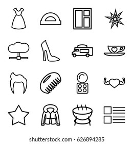 Style icons set. set of 16 style outline icons such as comb, man hairstyle, eyeshadow palette, woman shoe, dress, window, overcoat, van, heart with muscles, cup with heart