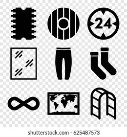 Style icons set. set of 9 style filled icons such as window, socks, underpants, playground ladder, eternity, cpu, 24 hour, shield