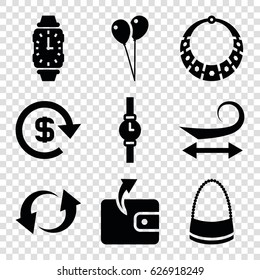 Style icons set. set of 9 style filled icons such as curly hair, Wallet, balloon, bag, update, dollar, wrist watch