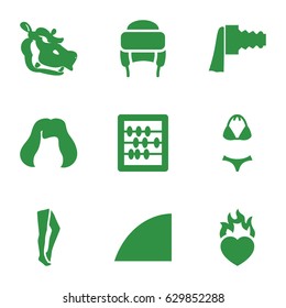 Style icons set. set of 9 style filled icons such as hippopotamus, hairstyle, tights, winter hat, abacus, heart in fire, camera zoom, angle