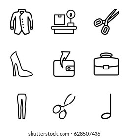 Style icons set. set of 9 style outline icons such as woman shoe, manicure scissors, Wallet, woman pants, jacket, lugagge weight, music note, scissors