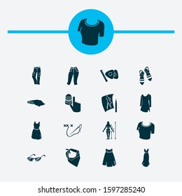 Style icons set with cross stitch, body measurements, cat eye sunglasses and other cargo pants elements. Isolated vector illustration style icons.