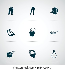 Iconos de estilo establecidos con anillo, gafas de sol para los ojos de gato, capris y otros elementos de pañuelo. Iconos de estilo de ilustración vectorial aislados.