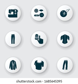 Style icons set with sewing machine, cardigan, blouse and other polo shirt elements. Isolated vector illustration style icons.
