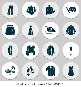 Style icons set with skein of yarn, sleeveless dress, long sleeve shirt and other mannequin elements. Isolated vector illustration style icons.