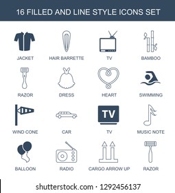 style icons. Trendy 16 style icons. Contain icons such as jacket, hair barrette, TV, bamboo, razor, dress, heart, swimming, wind cone, car, music note. style icon for web and mobile.