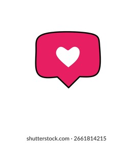 style illustration featuring a rounded pink speech bubble with a central white heart, symbolizing a “love” or “like” notification.