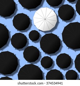 Style of life. Be different. Background for your poster. Positive thinking. Be optimistic. A lot of umbrellas. Top view. Black and white parasols. Walking people. Endless texture. Seamless pattern