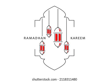 style line, ramadan kareem lantern hanging with mosque ornaments, vector