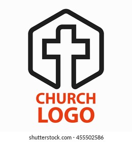 Style logo line art in the form of a cross intended for christian churches and other religious organizations. Vector illustration on white background isolated.