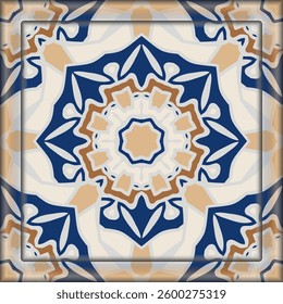 Style mandala pattern in white beige orange yellow blue for decoration, paper wallpaper, tiles, textiles, neckerchief. Home decor, interior design, cloth design. Frame.
