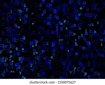 The style of the matrix. Chaotic, random blue letters and numbers. Programming, coding, hacker background. Future concept. Virtual money pattern. Futuristic internet communication. Matrix background.