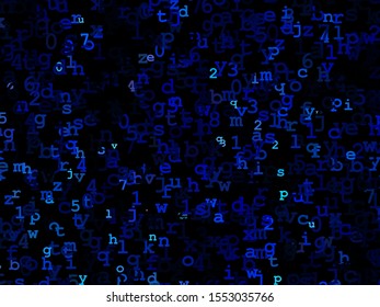 The style of the matrix. Chaotic, random blue letters and numbers. Programming, coding, hacker background. Future concept. Virtual money pattern. Futuristic internet communication. Matrix background.