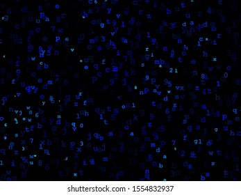 The style of the matrix. Chaotic, random blue letters and numbers. Programming, coding, hacker background. Future concept. Virtual money pattern. Futuristic internet communication. Matrix background.