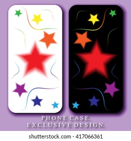 Style Mobil Phone Case. Rainbow Colored Stars and Curves on White and Black Backgrounds. Vector Templates.