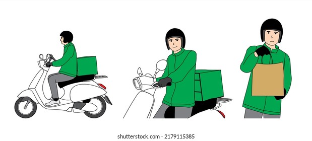 Style motorcycle courier . Courier is delivering an order with a motorcycle box, the courier shows the order.