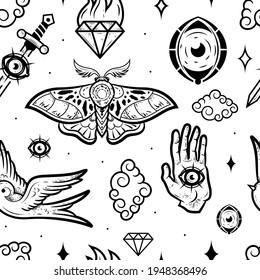 Style of old school tattoo seamless pattern. Vector illustration in doodle style. Design for textiles, paper, wrappers