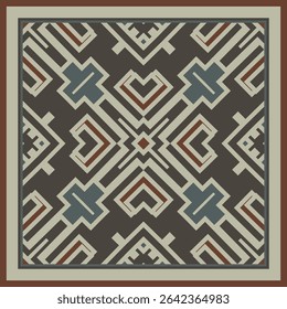 Style pattern in black beige red green blue. Bright pattern for textiles, pillows, interior decoration. Frame. Scarf design.