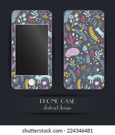 Style phone case. Print with floral elements and cartoon cats.  Cute cartoon cats in flowers. Vector template of cover for your mobile phone. 