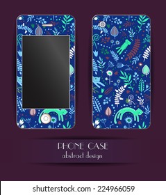 Style phone case. Print with floral elements and cartoon cats. Vector template of cover for your mobile. 