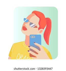 Style red hair girl with a ponytail in sun glasses and bright t shirt posing and takes selfie in mirror by her phone. Beauty and fashion concept vector flat illustration.