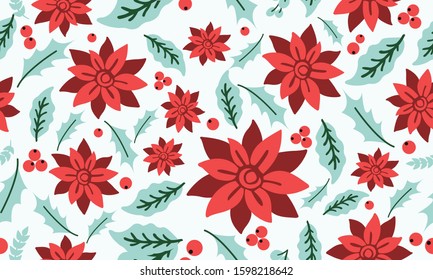 Style seamless Christmas floral pattern background, with elegant red flower.
