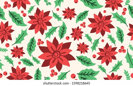 Style seamless Christmas floral pattern background, with elegant red flower.