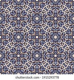 Style seamless geometric pattern in violet beige gold, fabric repeating texture.
