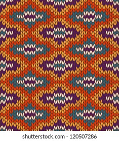 Style Seamless Knitted Pattern. Blue Yellow Red Orange White Color Vector Illustration