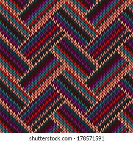 Style Seamless Knitted Pattern. Complex Geometric Striped Red Blue Brown Violet Orange Yellow Color Swatch