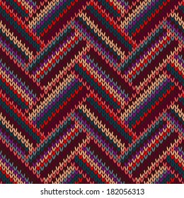 Style Seamless Knitted Pattern. Complex Geometric Striped Red Blue Brown Violet Orange Yellow Color Swatch 