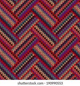 Style Seamless Knitted Pattern. Complex Geometric Striped Red Blue Brown Violet Orange Yellow Color Swatch