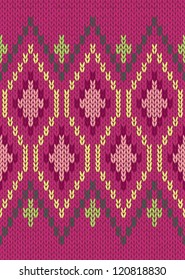 Style Seamless Knitted Pattern. Jacquard Ornament Texture. Red Green Pink Yellow Color Illustration from my large Collection of Samples of Knitted Fabrics