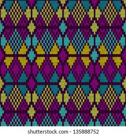 Style Seamless Knitted Pattern.Blue Purple Yellow Color Illustration from my large Collection of Samples of knitted Fabrics