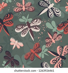 Style seamless pattern with insects, dragonflies print for clothes, textiles, fabrics. Brigh colors funny background. Creative vector of summer