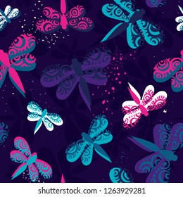 Style seamless pattern with insects, dragonflies print for clothes, textiles, fabrics. Night colors funny background. Creative vector of summer