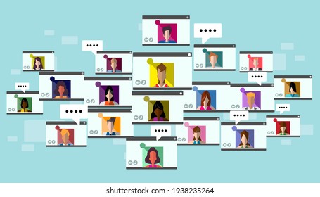 style set multiracial people.   technology. flat design concept. online meeting work form home.new normal.