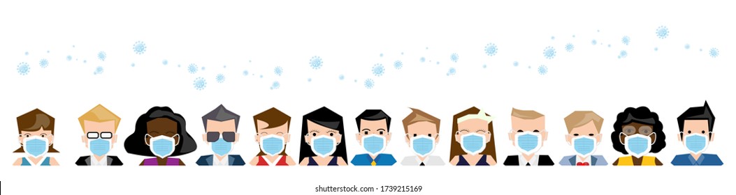 Style set Multiracial people wearing ppe masks for coronavirus covid -19 protection Group Of People, Safety, Adult.