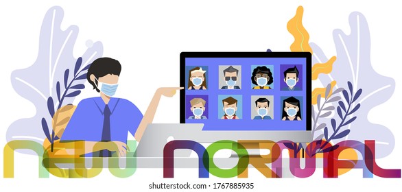 Style set Multiracial people wearing ppe masks  technology. flat design concept video conference. online meeting work form home. and Text New Normal.