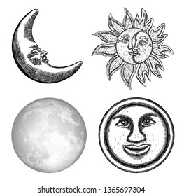 Style set of realistic full moon, grouped by color textures and human face like crescent, stipple hand drawing, anthropomorphic vintage sun engraving with rays like a star. Astrology or astronomy plan