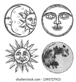 Style set of realistic full moon and human face like crescent, stipple hand drawing, anthropomorphic  vintage sun engraving with rays like a star. Astrology or astronomy planet design. Vector. 