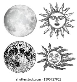 Style set of realistic full moon and human face like crescent, stipple hand drawing, anthropomorphic  vintage sun engraving with rays like a star. Astrology or astronomy planet design. Vector. 