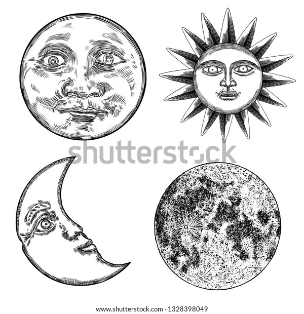 Style set of realistic full moon and human face like\
crescent, stipple hand drawing, anthropomorphic  vintage sun\
engraving with rays like a star. Astrology or astronomy planet\
design. Vector. 